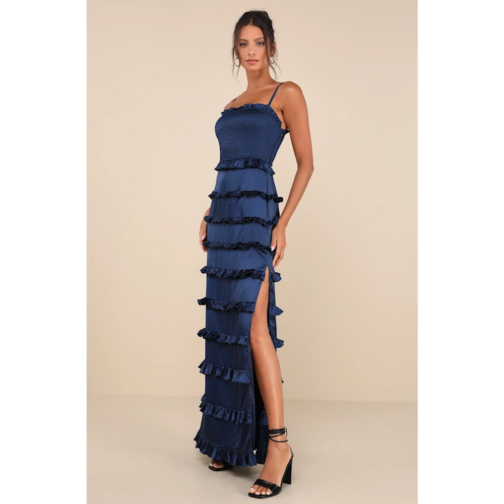 NWT Lulus Blue Satin Tiered Ruffle Smocked Maxi Dress Sz L Romantic Party Prom - Picture 4 of 14
